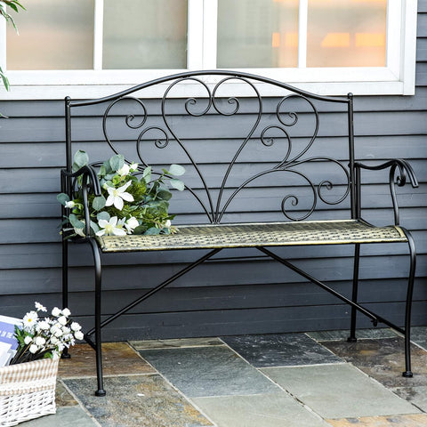 Tuinbank - Buitenbank - Terrasbank - Balkonbank - 2-zitsbank - met Metaal Frame - Armsteunen - Neo-Retro Stijl - Tuinmeubelen - voor Tuin - Terras - Balkon - Epoxy Meubelafwerking - 100 x 50 x 88 cm - Zwart