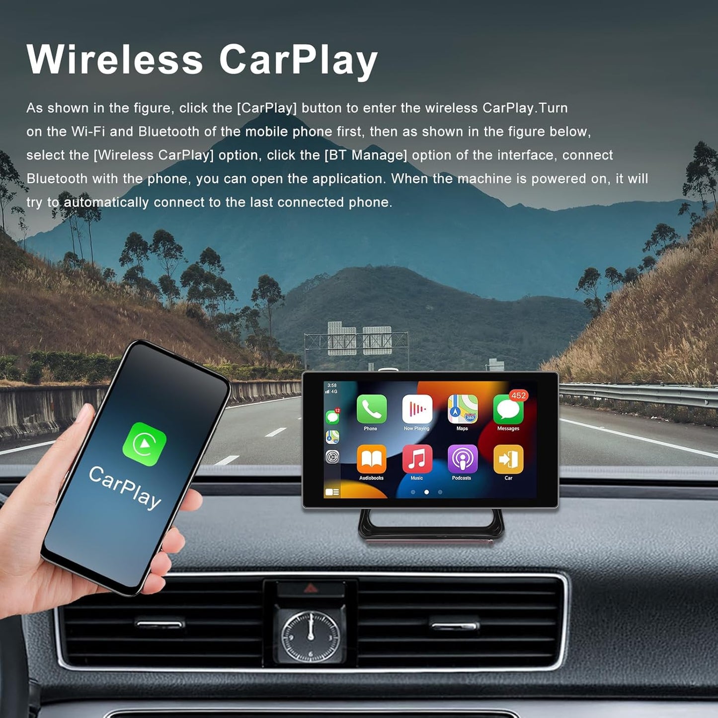 Apple CarPlay & Android Auto draagbare autoradio draadloze digitale media-ontvanger, navigatieapparaat voor auto met 4K Bluetooth-frontcamera/FM-zender/spraakbesturing/Google/GPS/AUX