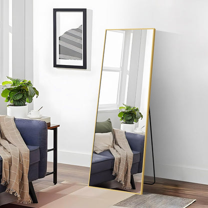 WOLIBEER Volledige spiegel, 147 x 44 cm, rechthoekige full-body spiegel met goudkleurig aluminium frame, wandspiegel, staande spiegel voor slaapkamer, kleedkamer, fitnessstudio, hal