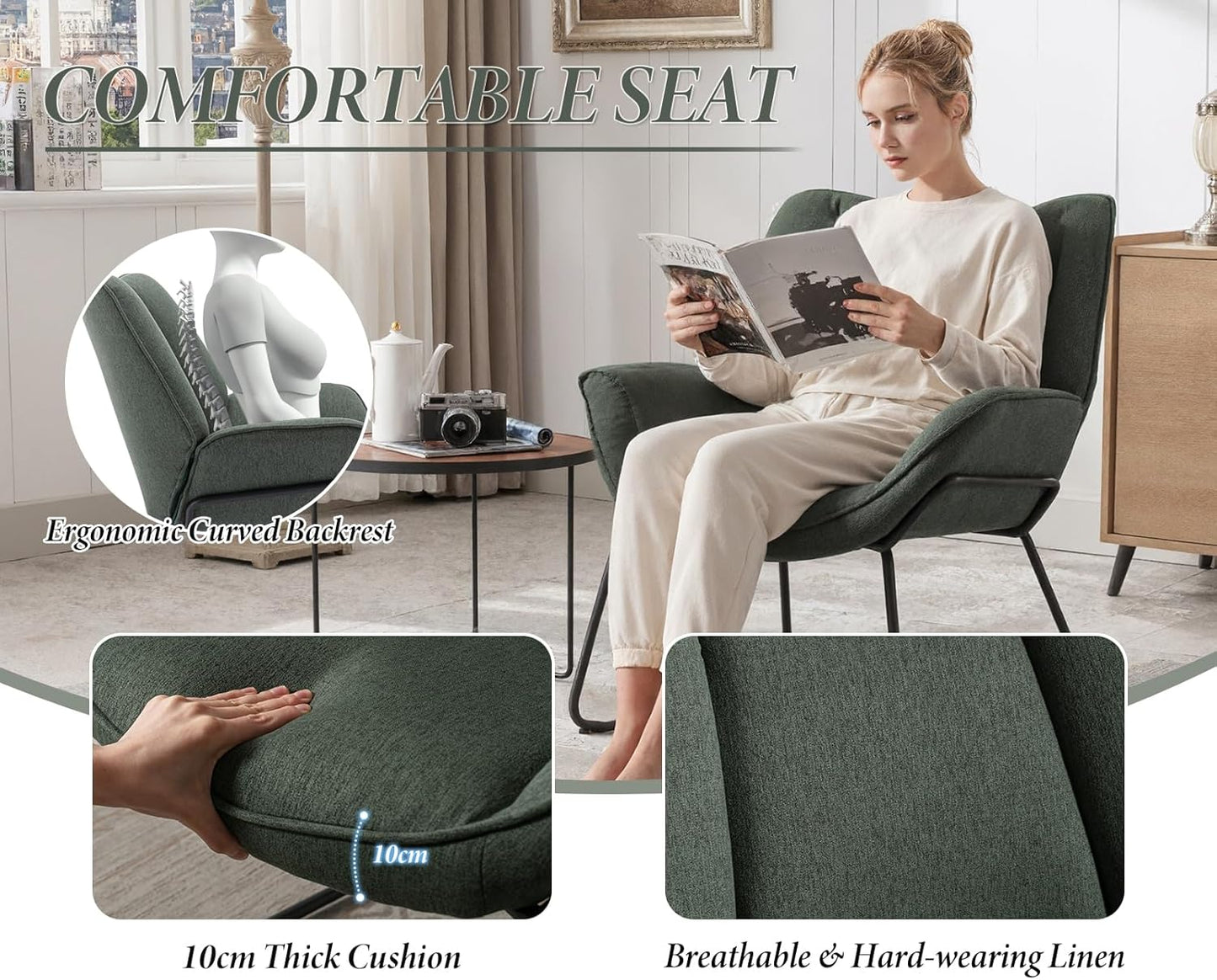 chairus Linen Armchair for Living Room Upholstered Bath Chair Single Occasional Accent Chair with Metal Legs (Green) - QUORE