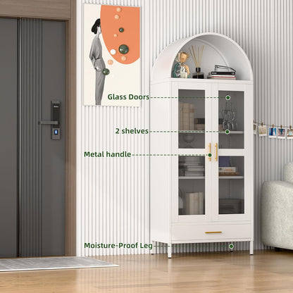 SUPEER 185 cm metalen gebogen opbergvitrine in wit met lade, gewelfde kasten met glazen deuren en planken voor woonkamer, keukens en slaapkamers, montage vereist
