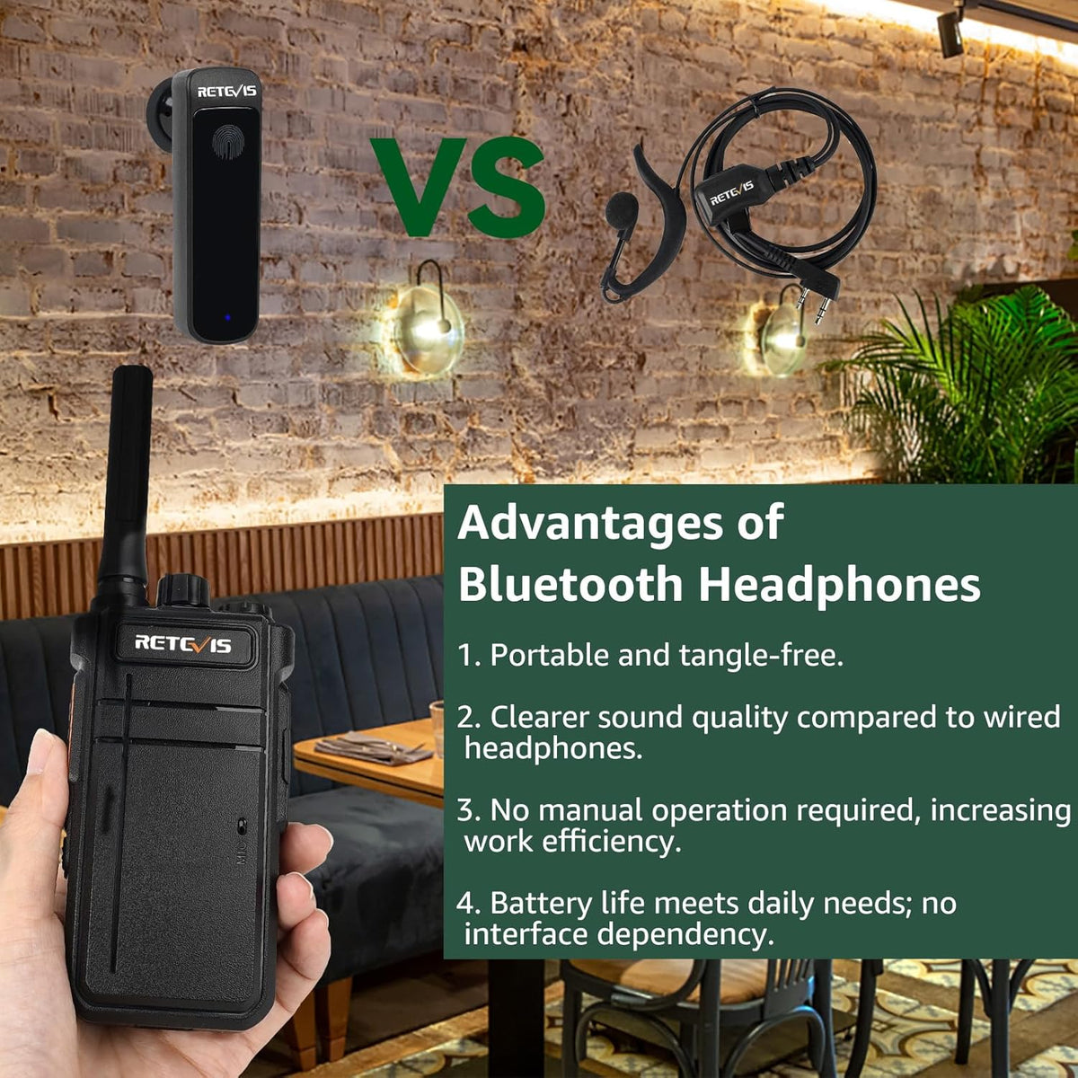 Retevis RB637 Bluetooth-walkie-talkie, bidirectionele radio met draadloze Bluetooth-hoofdtelefoon, type-C 2000mAh, VOX, zaklamp, draadloos exemplaar, PMR-walkie-talkie voor restaurant (zwart, 2 stuks)