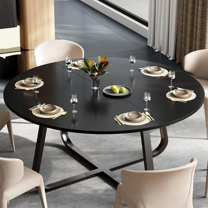 LVB Zwarte ronde eettafel en eettafel, moderne keuken van metaal en hout, kleine industriële tafel voor 4 tot 6 personen