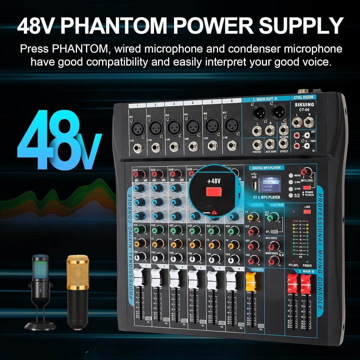 Audio Mixer – 6-Kanaals Mengpaneel – DJ-Mixer – Audiomixer – Mengtafel – 16 DSP-Effecten – USB/Bluetooth – 48V Fantoomvoeding