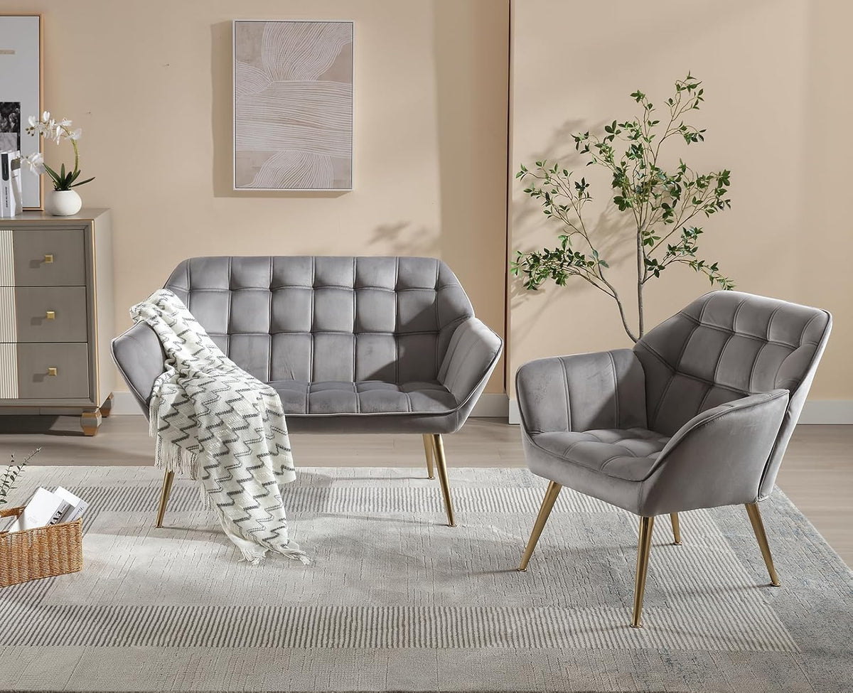 Fluwelen Tub Stoelen – Fauteuils – Fluwelen Stoelen – Relaxstoelen – Zithoeken – Grijs – Set Van 2 – Goudkleurige Metalen Pootjes – Hoog Zitcomfort