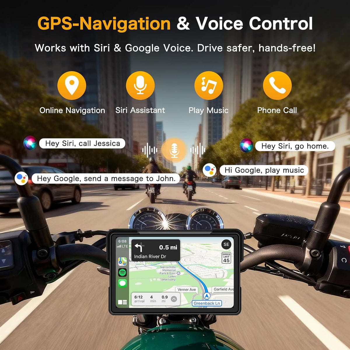Moto Carplay Écran 7 Pouces Plus Grand 4K+1080P Double Caméra Dash Cam Moto Carplay Android Auto Écran Étanche Carplay Moto Écran GPS Navi Double-Bluetooth Commande Vocale Siri Carte 64GB