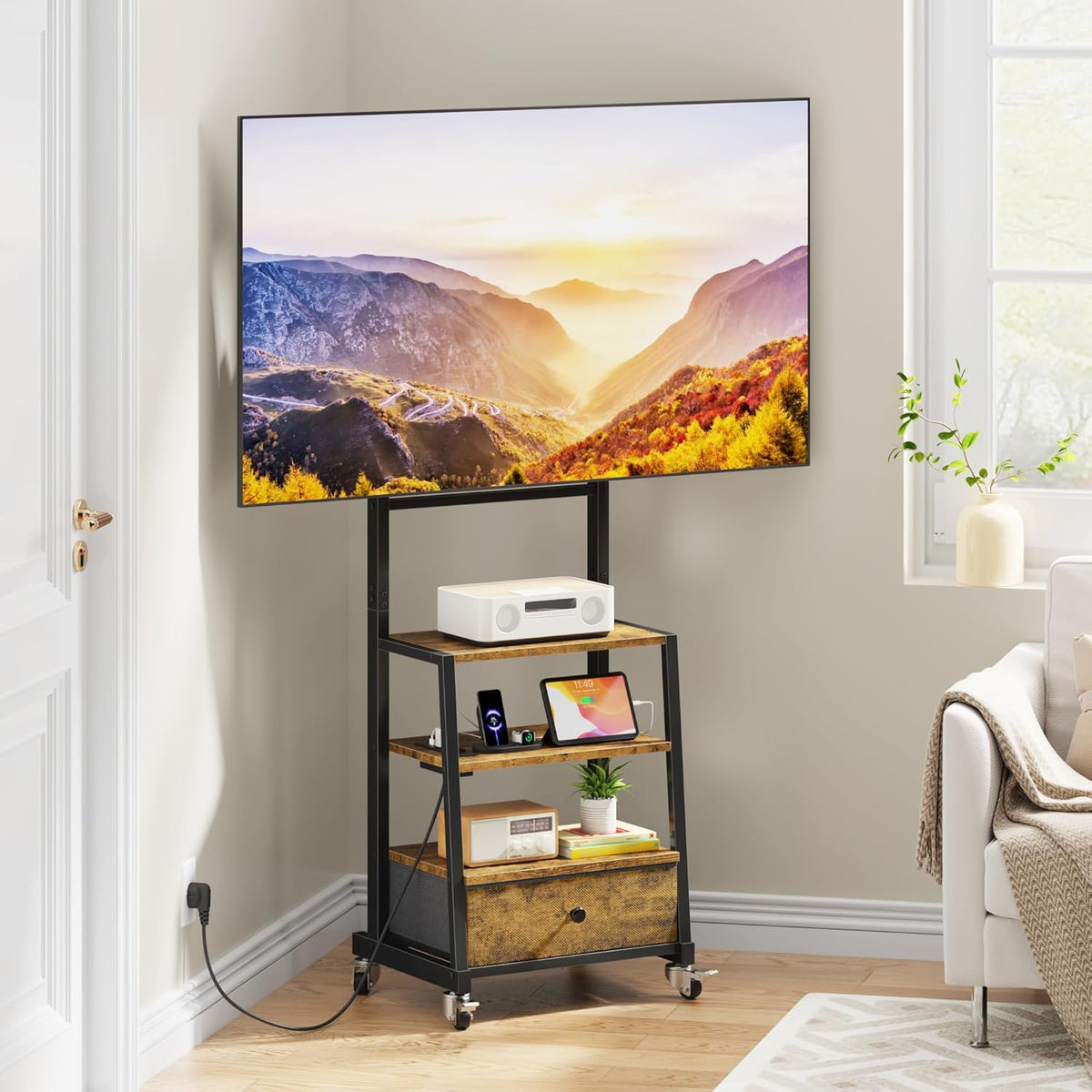 Verrijdbare TV Standaard met Beugel en Stopcontact – In Hoogte Verstelbaar TV Meubel met Lade, Geschikt voor 32–75 Inch TV's, Rustiek Houtlook