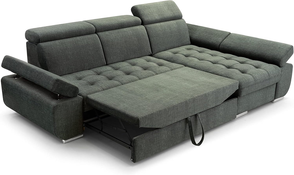 Corner Sofa with Sleeping Function and Practical Bed Drawer - Comfortable Sofa Bed L Shape 264x165cm with Movable Headrests, Folding Sofa Bianco Grey, Sofa Right - QUORE