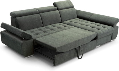 Corner Sofa with Sleeping Function and Practical Bed Drawer - Comfortable Sofa Bed L Shape 264x165cm with Movable Headrests, Folding Sofa Bianco Grey, Sofa Right - QUORE