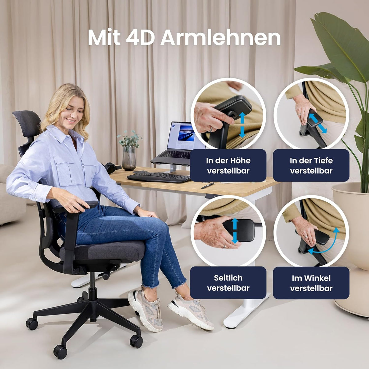 Ergotopia PureBack Ergonomische bureaustoel, ergonomisch met 4D-armleuningen en synchroonmechanisme, voor thuiskantoor, kantoor en gaming, comfortabele draaistoel voor gezond zitten