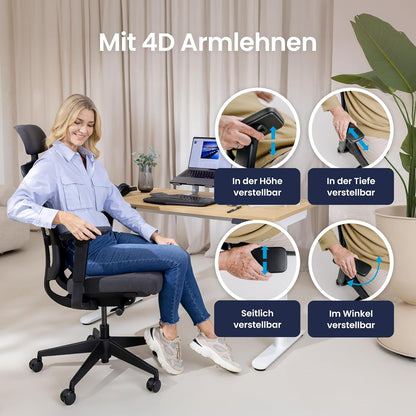 Ergotopia PureBack Ergonomische bureaustoel, ergonomisch met 4D-armleuningen en synchroonmechanisme, voor thuiskantoor, kantoor en gaming, comfortabele draaistoel voor gezond zitten