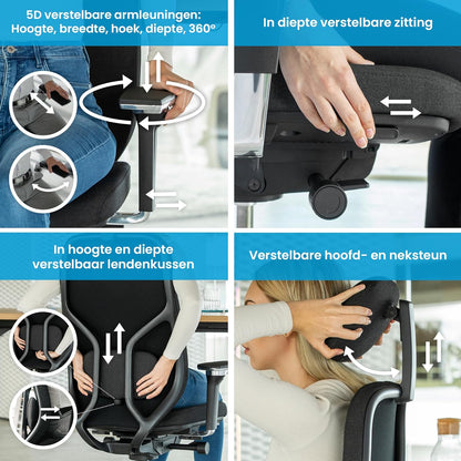 Ergonomische bureaustoel – Bureaustoel Thuiswerken – Draaistoel – Comfortabele Bureaustoel – Kantoestoel – 3D-kantelmechanisme – Verstelbare 5D-armleuningen