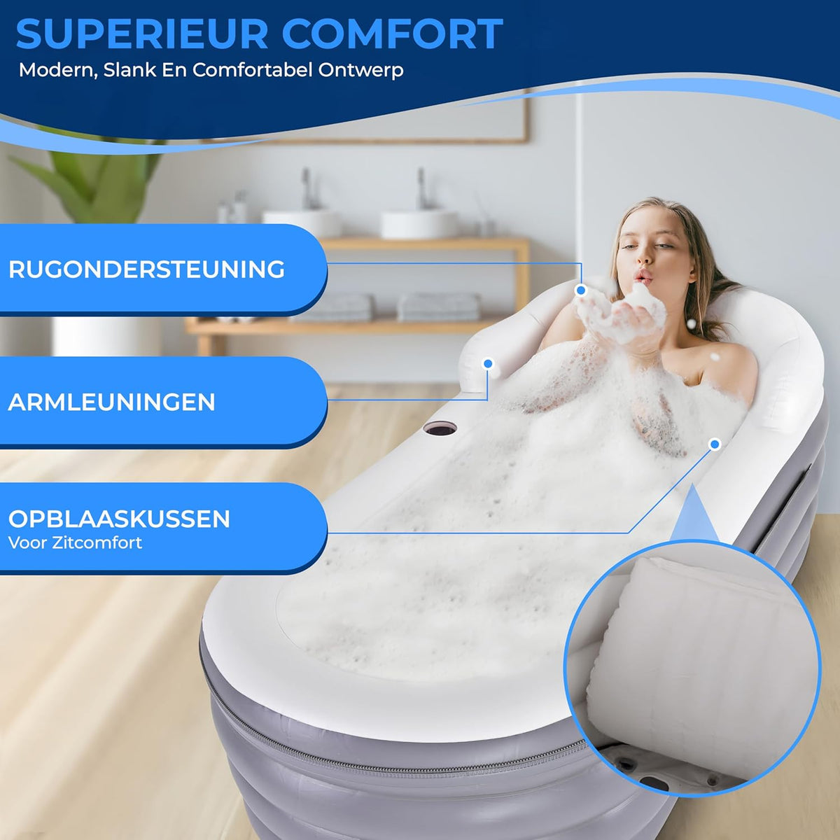Opblaasbaar Ligbad – Opblaasbare Badkuip, Draagbare Badkuip, Opvouwbare Badkuip, Opblaasbaar Bad – Bubble Massage Mat, Kleurveranderende LED-Verlichting – 168 X 76 X 66 Cm, Tot 86 Kg