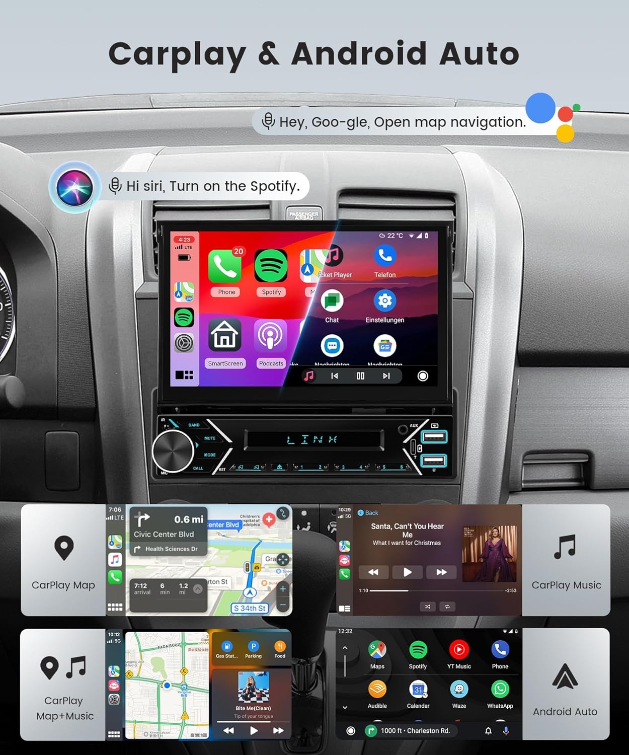 1 DIN Autoradio – Auto Stereo – Multimedia Radio – DAB+ Receiver – Car Audio – 7-Inch Automatisch Uitschuifbaar Touchscreen – Draadloze CarPlay & Android Auto