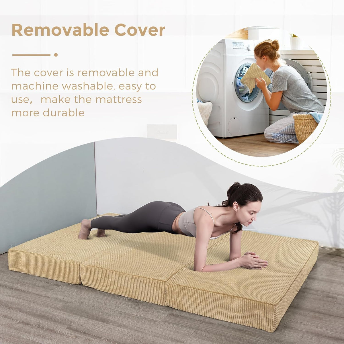 MAXYOYO Opvouwbare corduroy matras, 10 cm dik, drievoudig vloermatras met wasbare overtrek, drievoudig opvouwbaar, ruimtebesparende gastenmatras (camel, king)