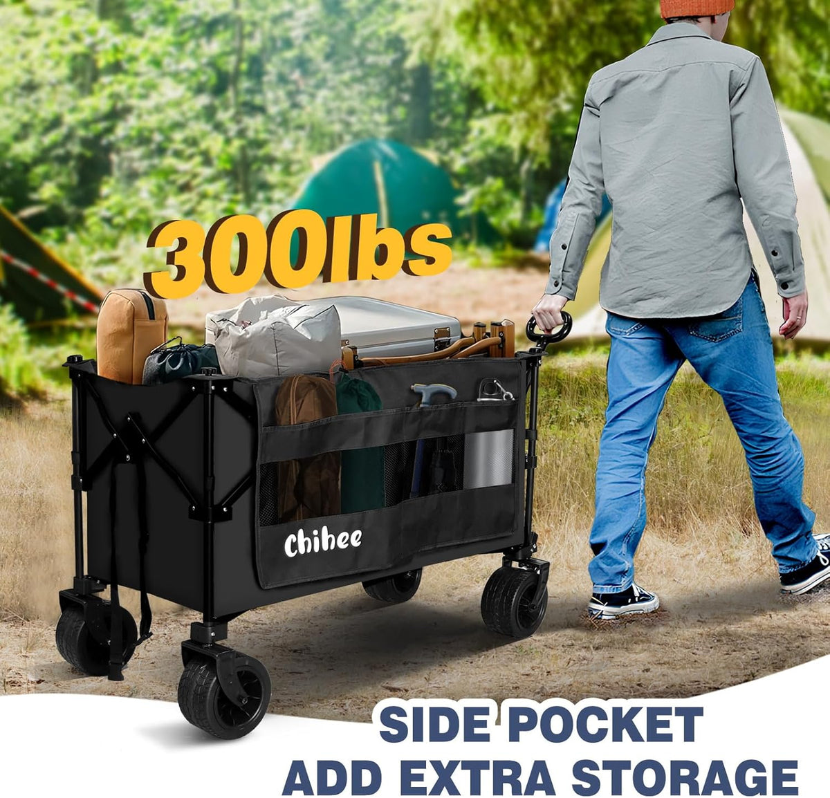 Chihee Handwagen, tuinwagen, inklapbaar, buiten, hulpprogramma, bolderkar, strandwagen, 254 l, zeer belastbaar, draagbare wagen, all-terrain wielen, oversized zijvak, 2 bekerhouders