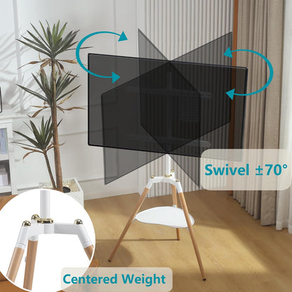 ETHU Tripod TV-standaard houten tv-schildersezel voor 32-65 inch televisie, in hoogte verstelbare tv-vloerstandaard met media-plank voor led/lcd-schermen, tv-standaard met 140° zwenkfunctie, VESA, 600