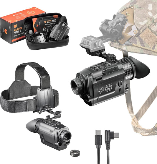 Nightfox Prowl 2 Nachtzichtbril, Infrarood Nachtzichtmonoculair, Fisheye-Lensbevestiging, IMX662-Sensor voor Weinig Licht, 1080p-Video, Digitale NVG voor Hoofd/Helmmontage voor Airsoft