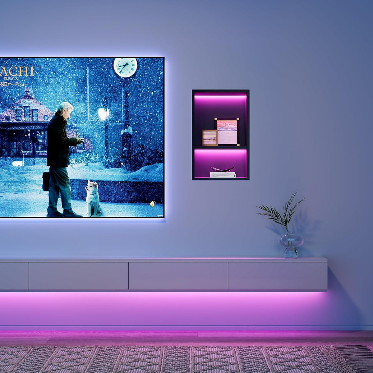 Wanddouche roestvrij staal met RGB ledlicht, dubbele douchebak zwart met afstandsbediening opslag voor badkamer, 45 x 30 cm
