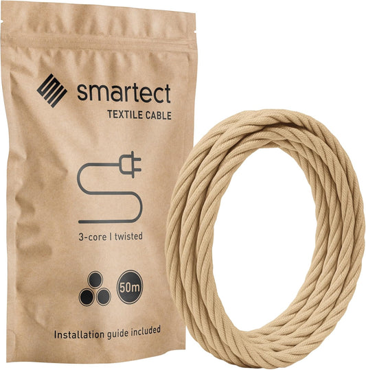 Textielkabel Gedraaid – Lampenkabel – Lampensnoer – Stofkabel – Stroomkabel – Lichtbruin, 50 m, 3-Aderig, 3 x 0,75 mm² – Flexibel En Knikbestendig – Voor Geaarde Lampen