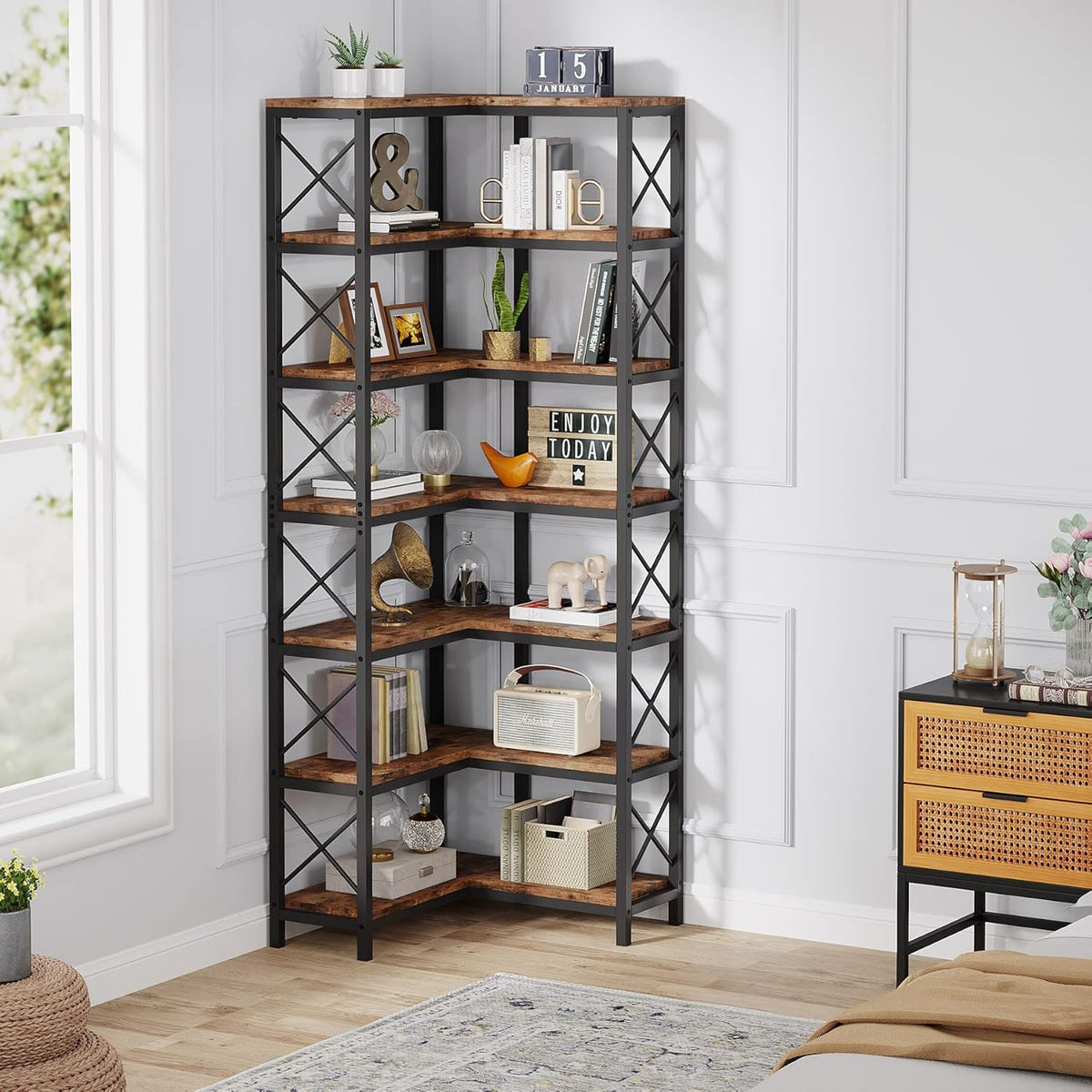Tribesigns Corner Bookcase, Tall Bookshelf, Industrial Large Corner Shelf, Floor Standing Corner Shelf, Metal Frame Storage Rack for Living Room, Home, Office (7 Shelves)