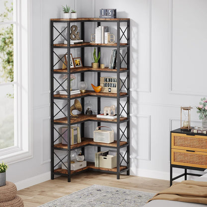 Tribesigns Corner Bookcase, Tall Bookshelf, Industrial Large Corner Shelf, Floor Standing Corner Shelf, Metal Frame Storage Rack for Living Room, Home, Office (7 Shelves)