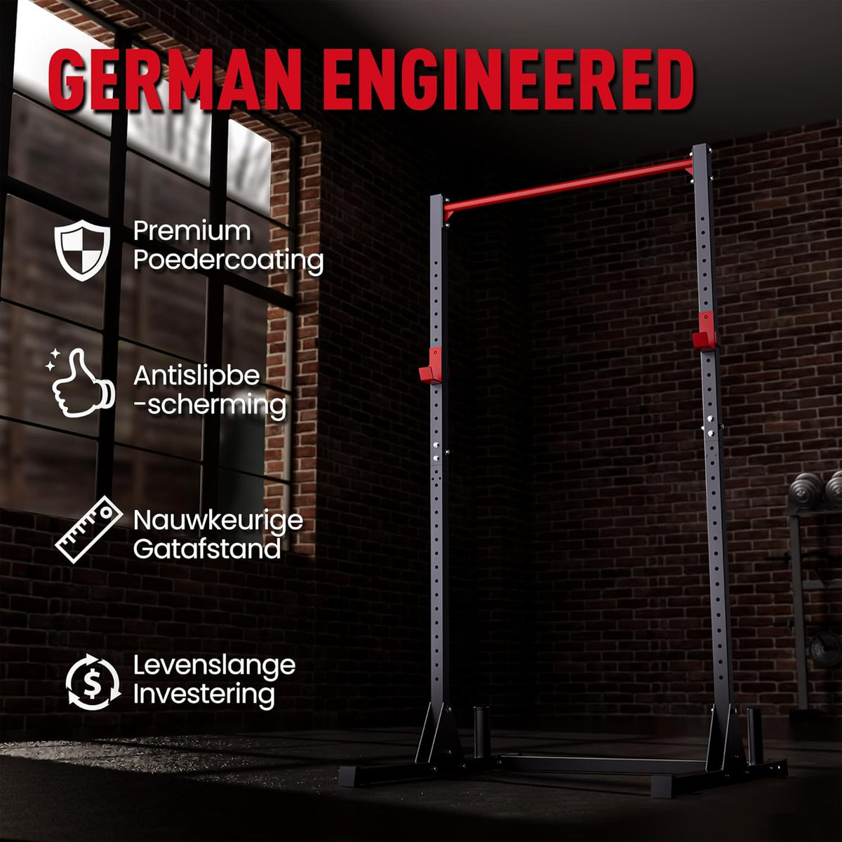 Power rack Basic – Squat rack – Fitness rack – Krachtstation – Halterrek – Stalen constructie 50 x 50 mm – In 12 hoogtes verstelbaar met optrekstang en dipsteunen