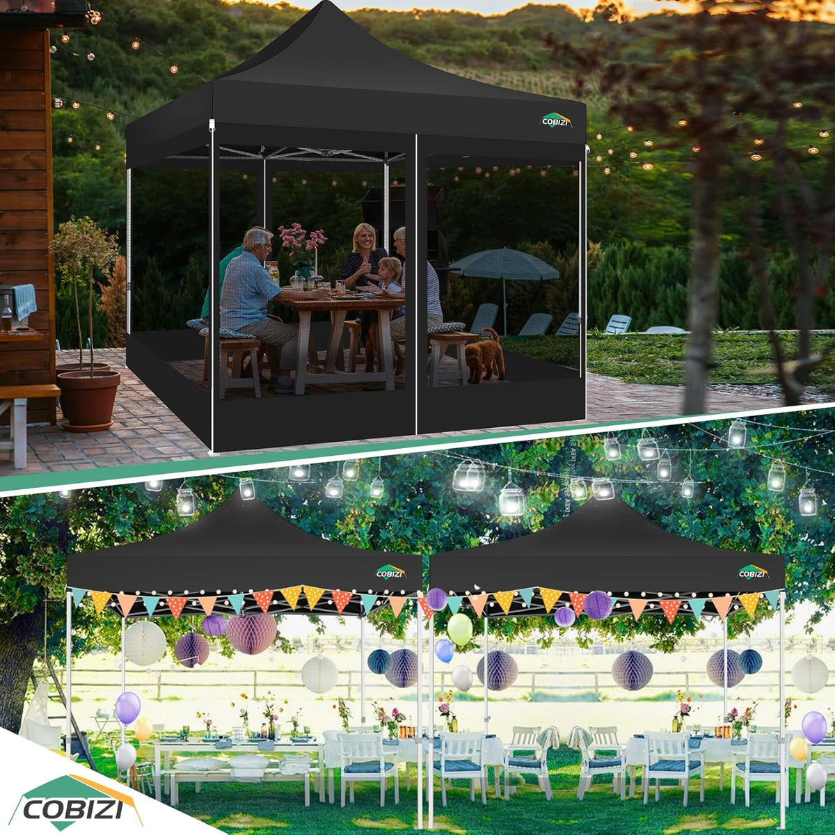 COBIZI Paviljoen, 3x3, vouwpaviljoen, waterdicht, stabiel, partytent, tuinpaviljoen, uv-bescherming met 4 zijwanden van mesh, zwart