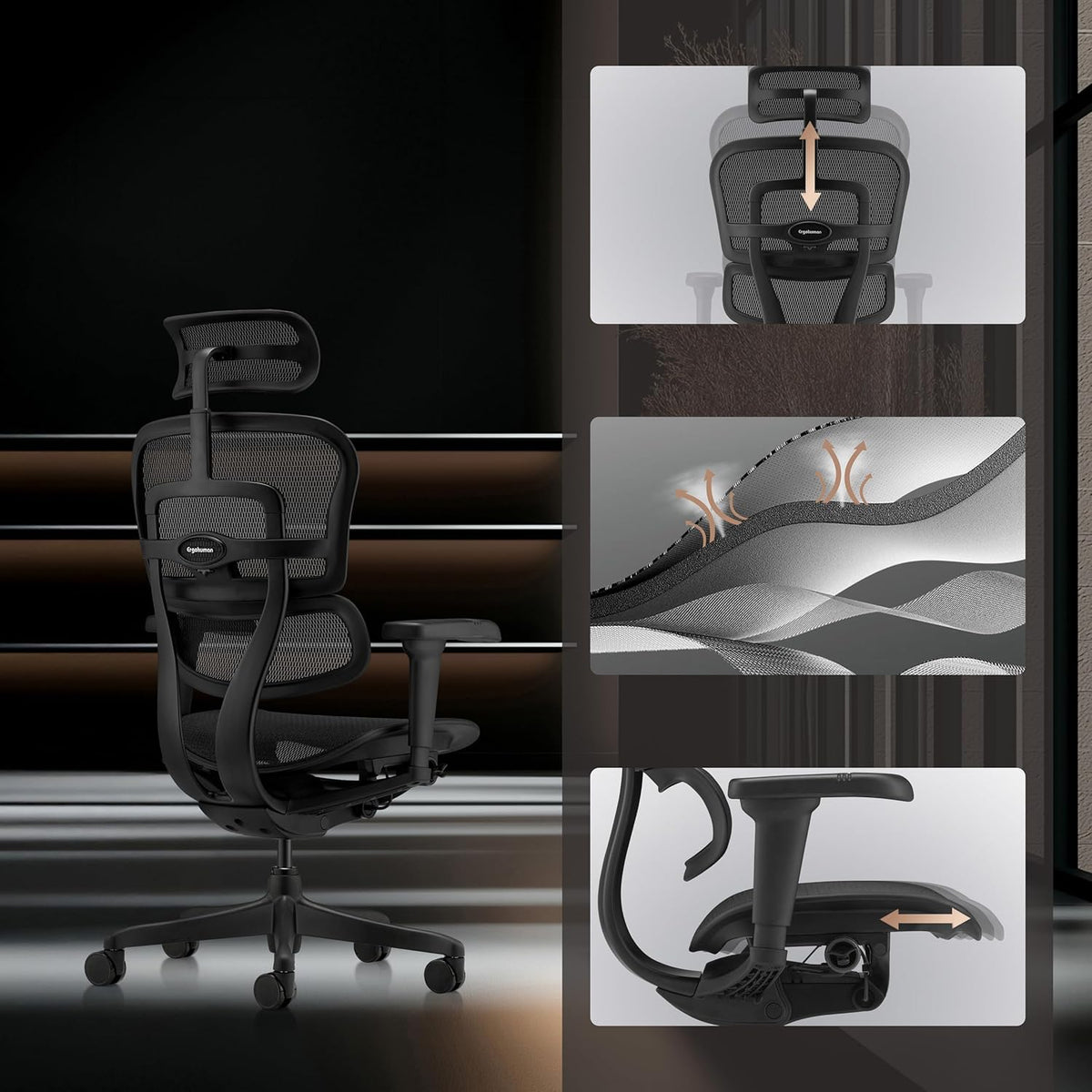 hjh OFFICE Ergonomische Ergohuman Signature GEN2 Bureaustoel met flexibele lendensteun, netbespanning, zwart