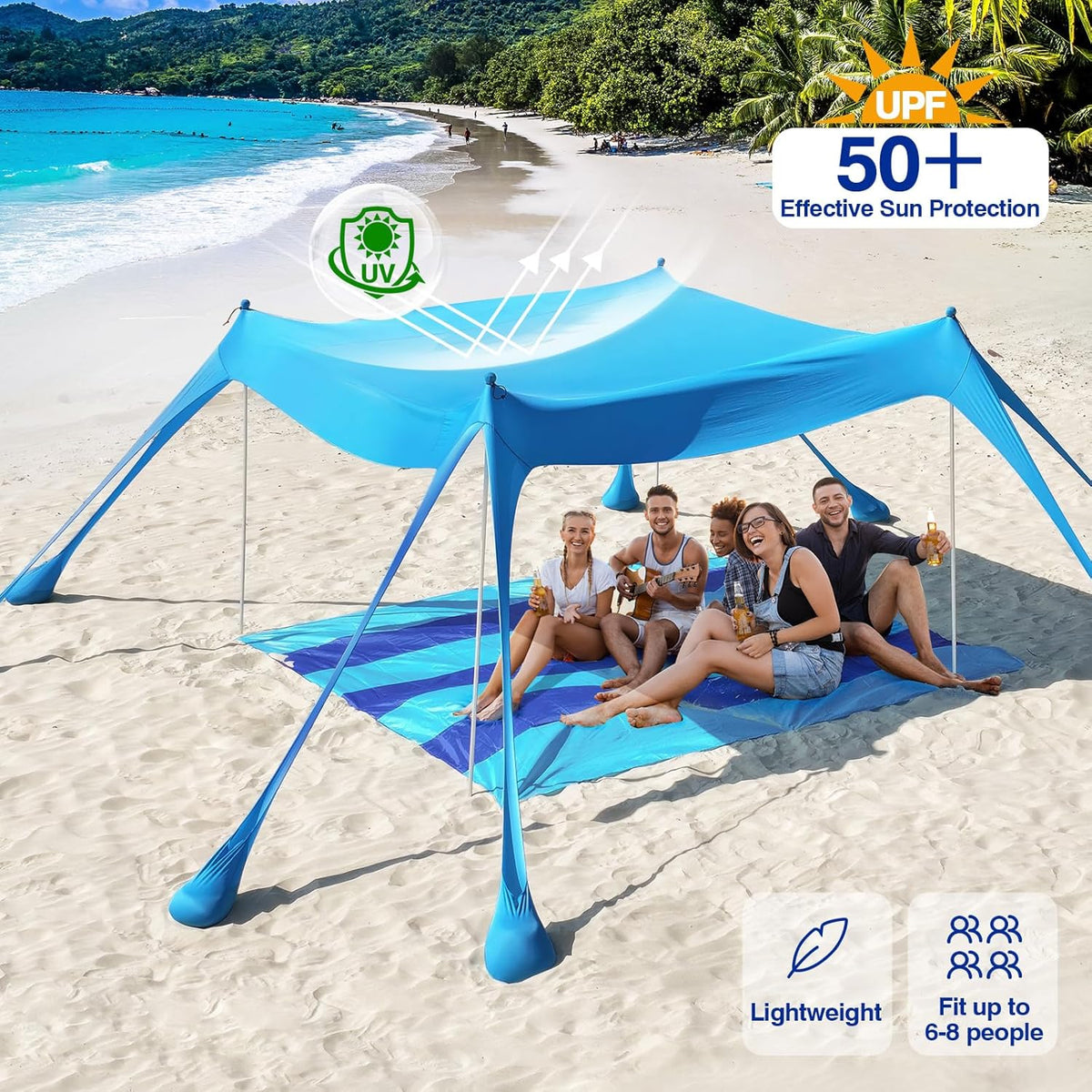 Rhino Valley Strandschelp, strandtent, zonwering UV 50+, windscherm, strandtent, draagbaar zonnezeil, strand voor kamperen, vissen, picknick in de tuin, strand, 30 x 50 m, hemelsblauw