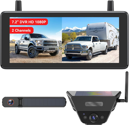 AUTO-VOX Zonne Draadloos Omkeren Camerasysteem met Twee Camera's (Licentieplaat & Draagbaar): 7.25 duim 1080P HD Dual Channel Monitor, IP69K Waterdichte Omgekeerde Camera voor Camper, Camper