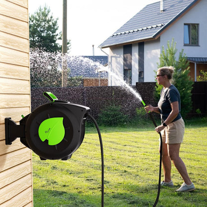 Slanghaspel, 30 m + 2 m, wandmontage, slanghaspel met oprolmechanisme, 180 graden draaibaar, inclusief spuit en montagehulp, voor tuinirrigatie en autowassen