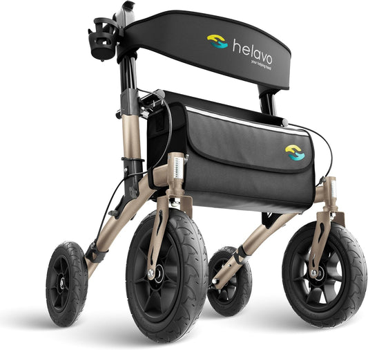 Helavo Rollator met luchtbanden voor buiten - Opvouwbaar en licht met zitfunctie, aluminium outdoor walker - Inklapbaar voor buitengebied