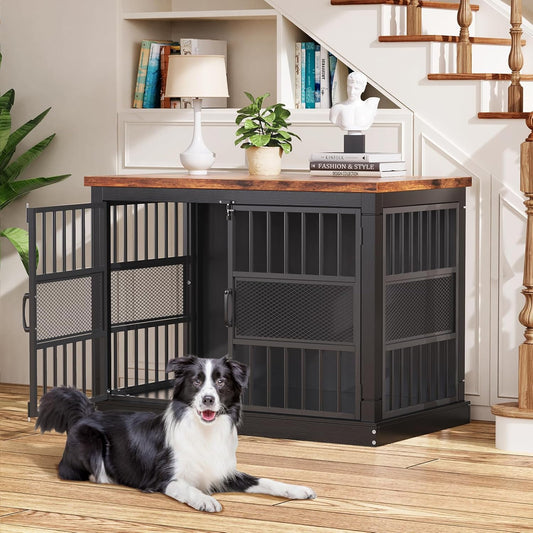 101 cm hondenbench, beetbestendige hondenbench, zware hondenkooi met dubbele deur, houten bijzettafel voor slaapkamer en woonkamer, zwart