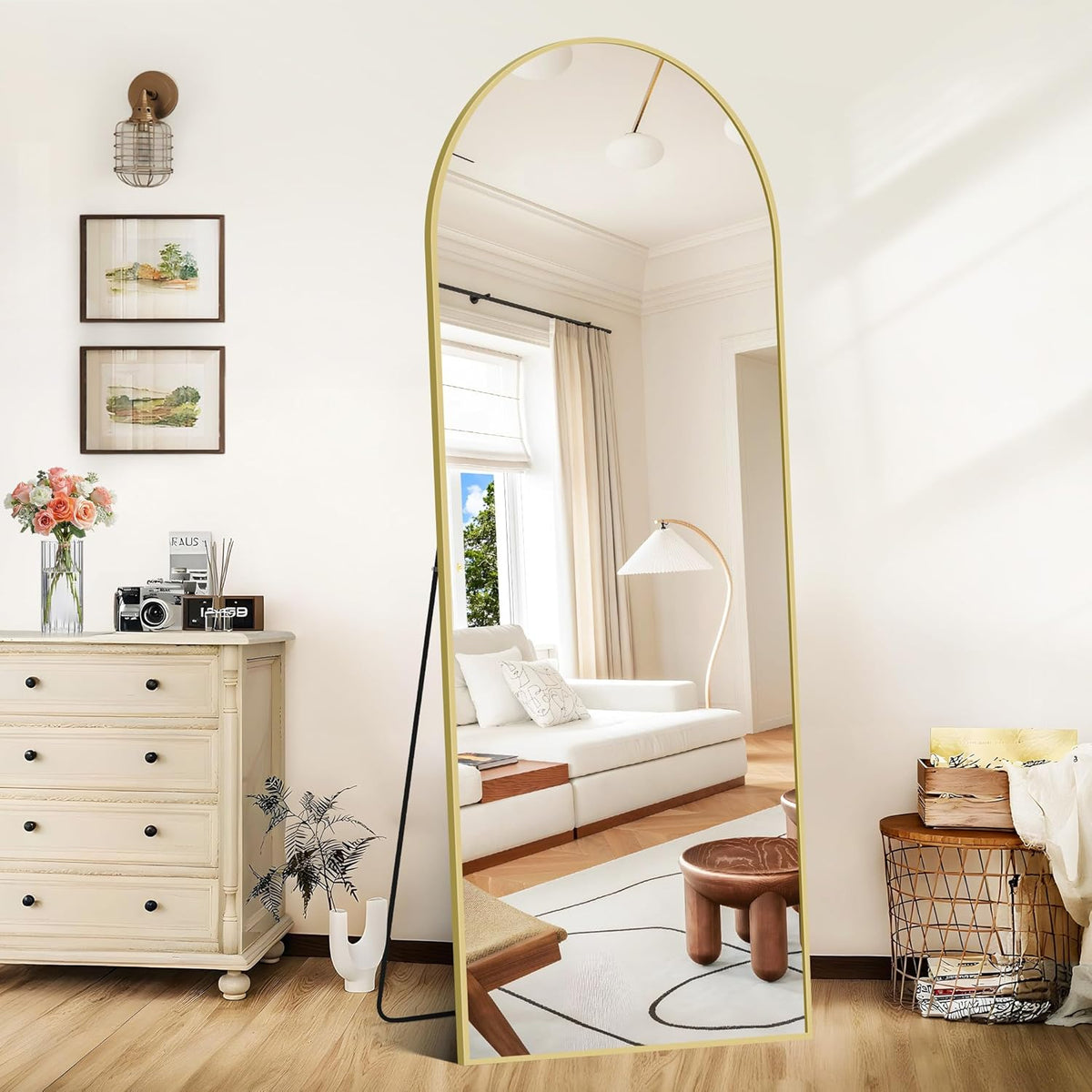 COFENY Boog full-body spiegel, 161 x 52 cm vloerspiegel met gouden frame, gewelfde staande spiegel, grote wandspiegel om te staan, leunen of hangen, vloerspiegel voor slaapkamer, woonkamer