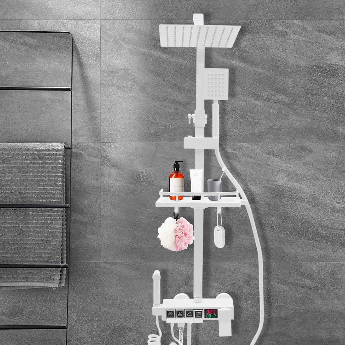 OUKANING Shower System with Thermostat, Digital, Rotary Knob, Shower Set with Storage Basket, Including Overhead Shower, Hand Shower, High Pressure Water Gun and Drain Tap (White, Colour Basin) - QUORE