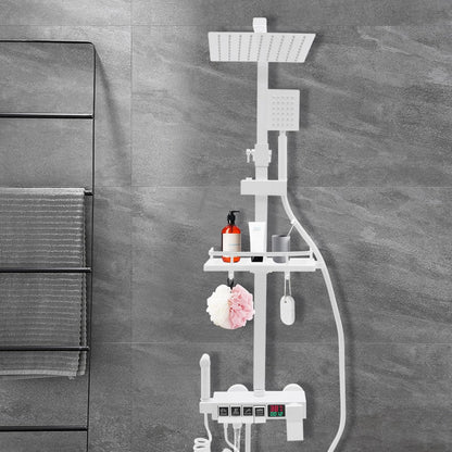 OUKANING Shower System with Thermostat, Digital, Rotary Knob, Shower Set with Storage Basket, Including Overhead Shower, Hand Shower, High Pressure Water Gun and Drain Tap (White, Colour Basin) - QUORE