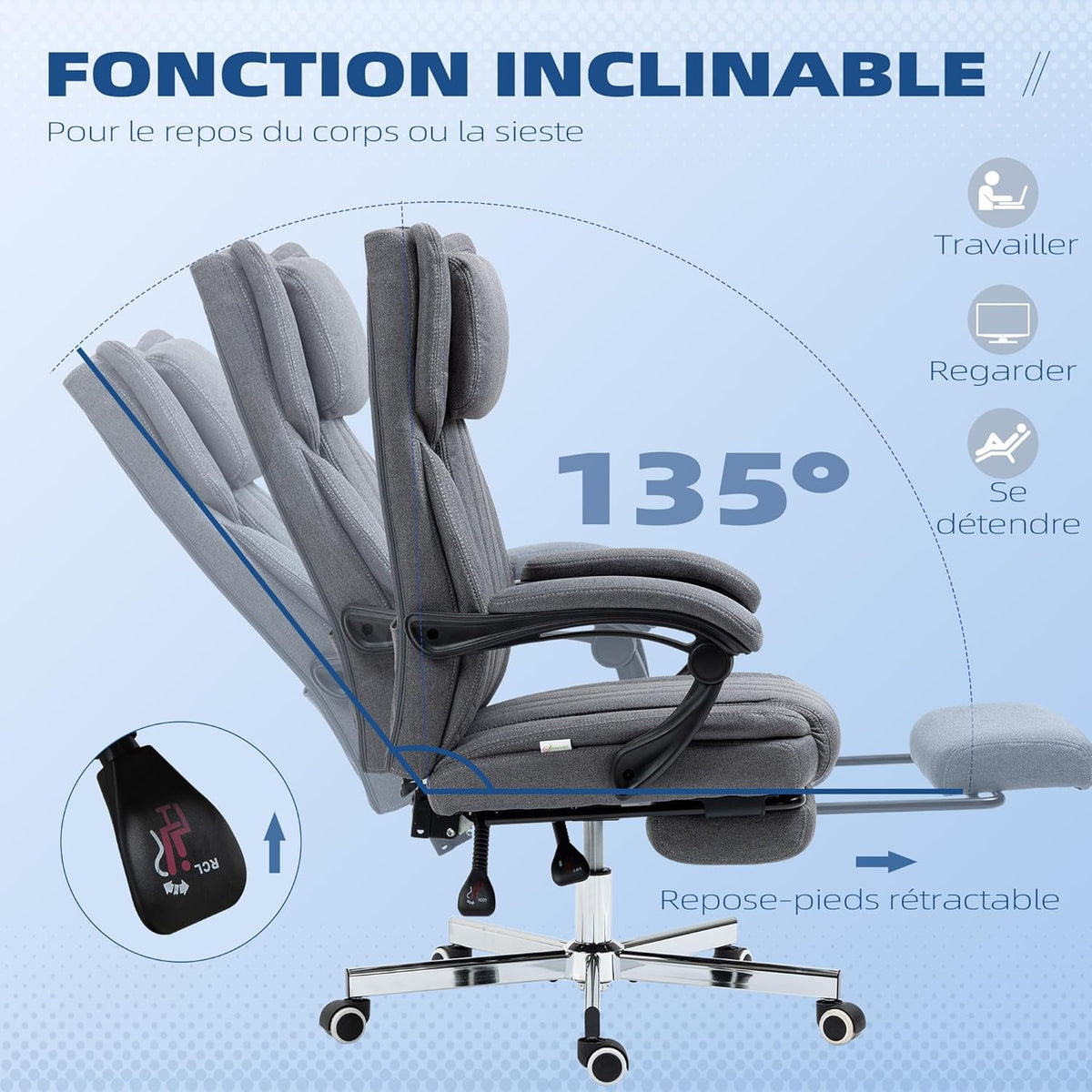 Vinsetto Bureaustoel, ergonomische stoel, draaibare zitting, verstelbare rugleuning, in hoogte verstelbaar, armleuningen, hoofdsteun, voetensteun 65 x 61 x 105-113 cm, grijs