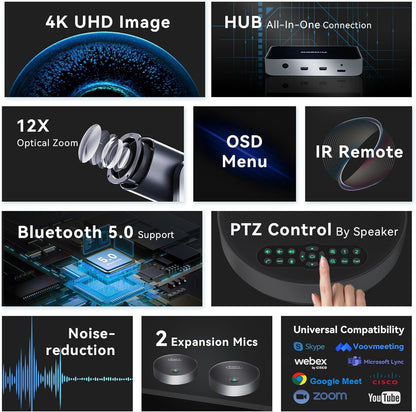 Tenveo 4K PTZ Conference Camera met Bluetooth Speaker System 2 Uitbreidingsmicrofoons 12X Optische Zoom Groothoeklens Werkt met Zoom Skype Teams