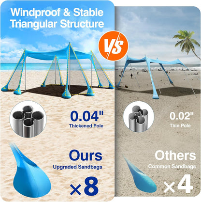 Rhino Valley Strandtent, 7 x 6,5 FT strandschaduw UPF50+ bescherming, strandluifel met 8 zandzakken, 4 stabiliteitspalen, outdoor strandtent, zonnescherm voor zand, camping, visbenodigdheden