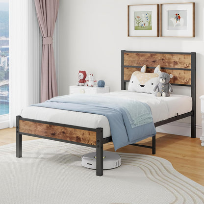 Eenpersoonsbed 90 x 200 cm met houten hoofdeinde, bedframe met lattenbodem van metaal, eenpersoonsbed, metalen bed, eenpersoonsbed, 90 x 200 cm met opbergruimte, robuust en stabiel, bruin