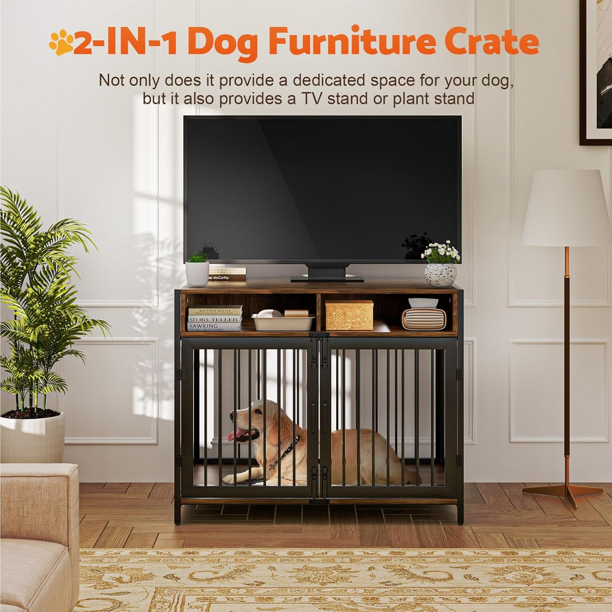 Gimars 94 x 58 x 63 cm Dog Furniture Box with Storage Drawers, Heavy Duty Dog House Indoor for Small, Medium and Large Dogs, Decorative Pet Crate for Indoor Use, Rustic Brown - QUORE