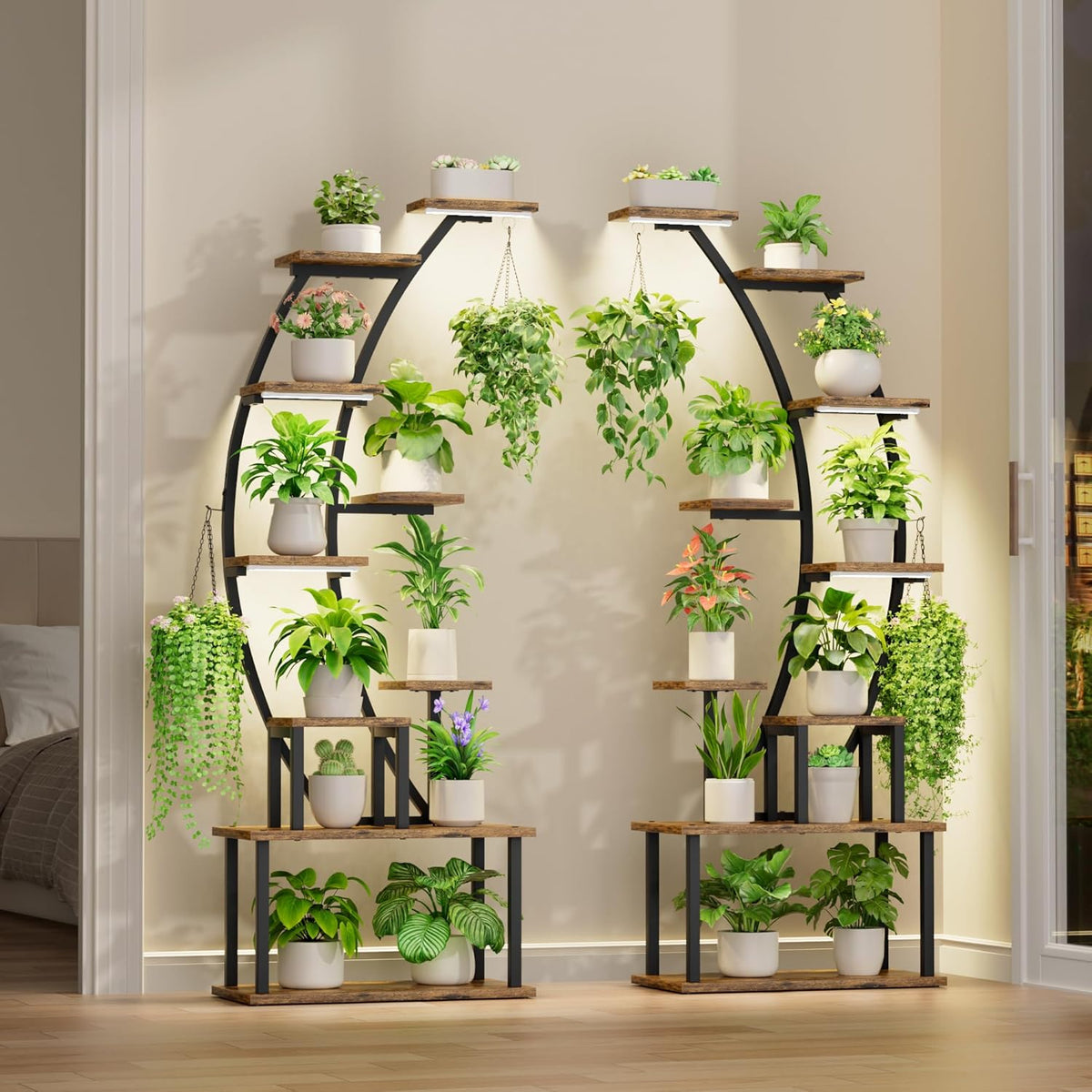 Plantenstandaard kweeklampen 160 Cm – Plantenrek – Plantenhouder – Bloemenstandaard – Displayplank – 9-Laags Hoekmodel – Volspectrum Kweeklampen – Metalen Frame Met Waterbestendige Planken