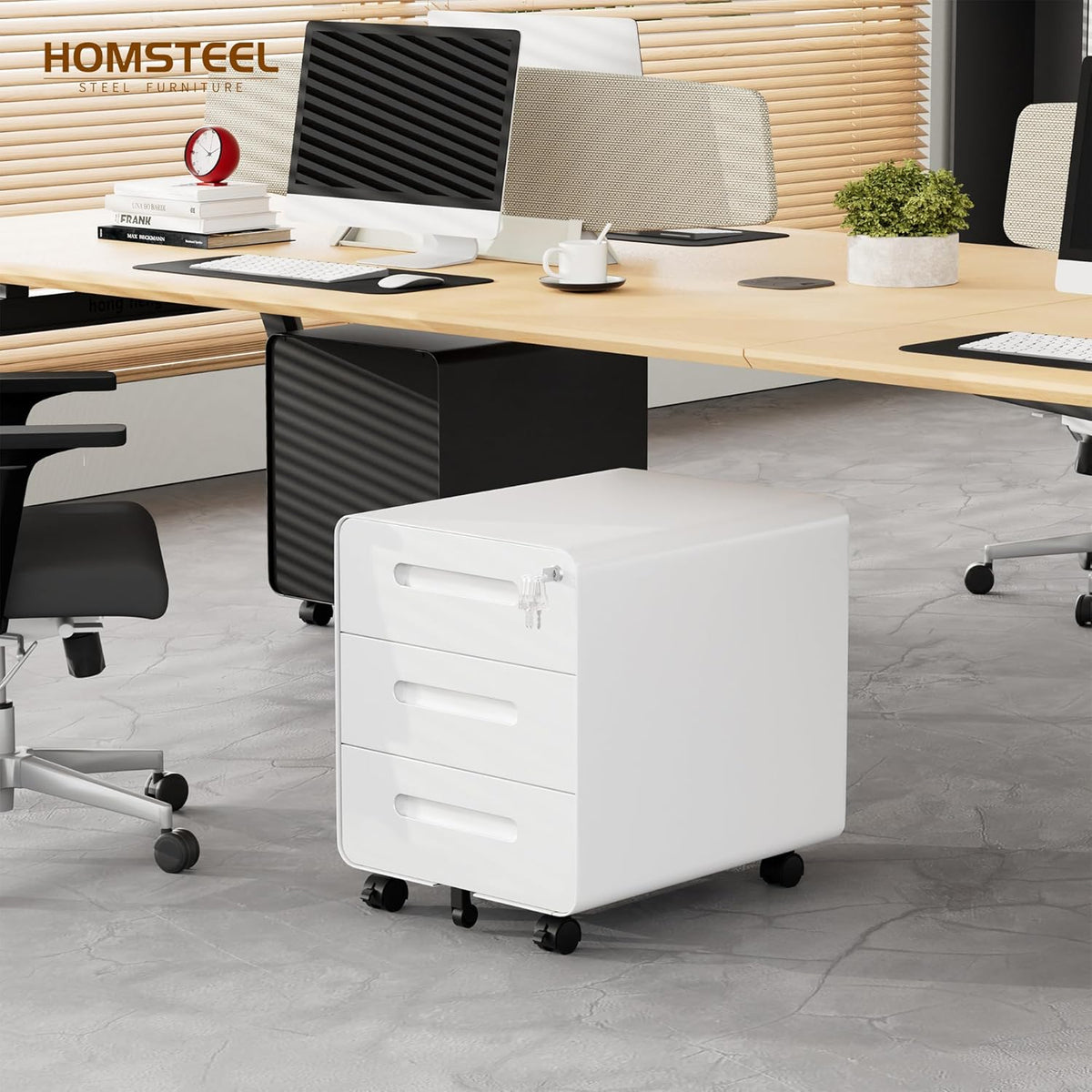 Rolcontainer, mobiele archiefkast met slot, afgeronde hoeken, 4 sleutels, 3 laden, printertafel, reeds voorgemonteerd, voor kantoor, thuiskantoor, 46B x 40D x 50H cm, Wit