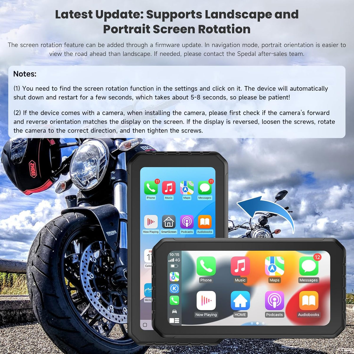 Spedal CL873 Motorfiets CarPlay met 1080p dubbele camera's, 6,25 inch draadloos CarPlay & Android Auto waterdicht scherm, ondersteuning Dual Bluetooth, Auto GPS, Siri, Assistent