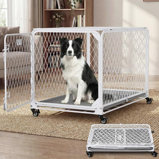 Gardner Pet 36 Inch Opvouwbare Diamond Mesh Hondenkennel, Geen Montage Metalen Hondenkrat met 4 afsluitbare Wielen, Afneembare Dienblad, Draagbare Hondenkooi voor Middelgrote Honden (80-100 lbs