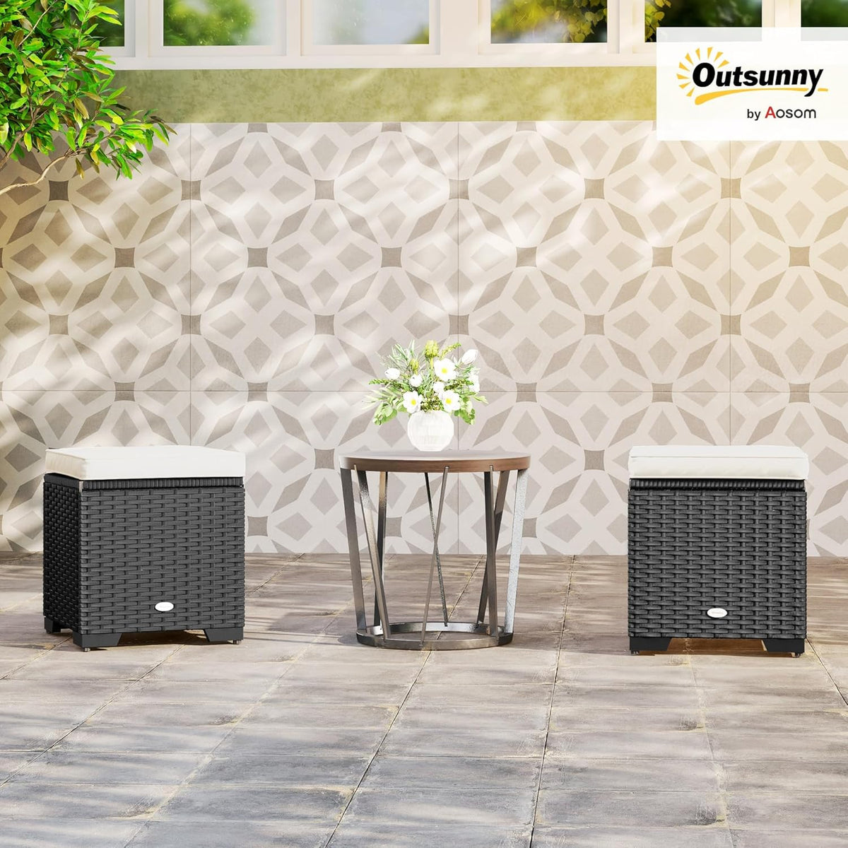 Outsunny Set of 2 Rattan Storage Ottoman, Outdoor Footstool with Removable Cushions, Garden Storage Seat for Balcony, Porch, Living Room, Cream - QUORE