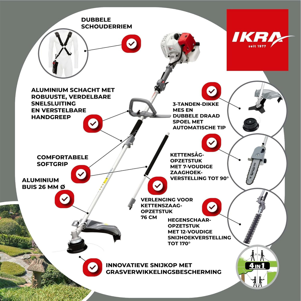 IKRA Benzine multifunctioneel tuingereedschap Multitool IBKH 33-1, 4in1: bosmaaier, gazontrimmer, heggenschaar, hoogsnoeier