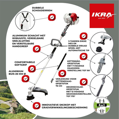 IKRA Benzine multifunctioneel tuingereedschap Multitool IBKH 33-1, 4in1: bosmaaier, gazontrimmer, heggenschaar, hoogsnoeier