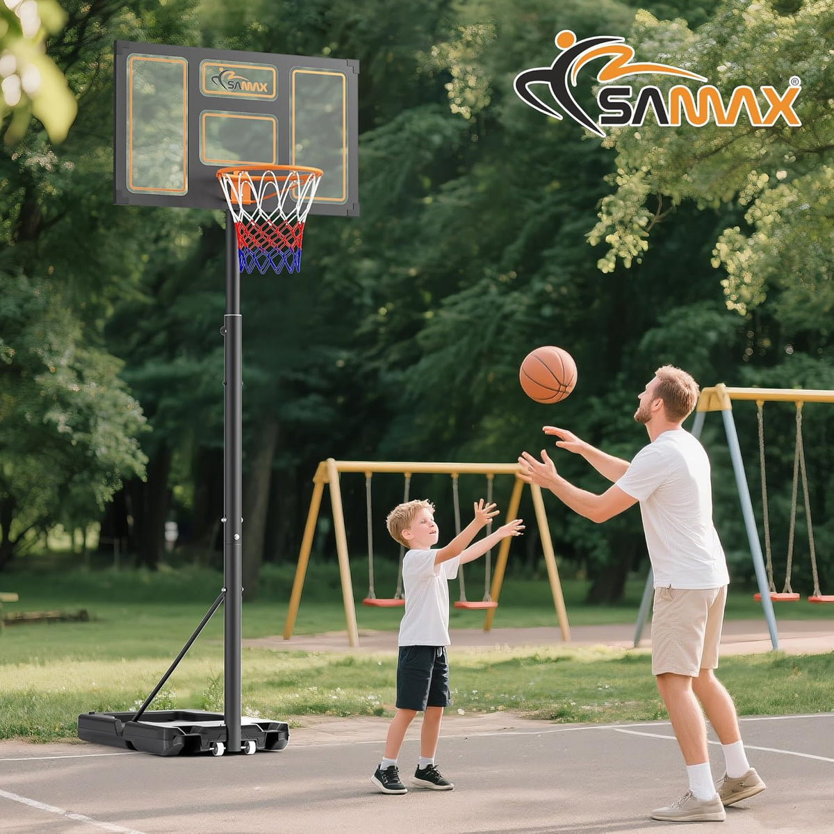 SAMAX Basketball Stand Basketball Ring Height Adjustable 100-305cm with Wheels & Net - Portable for Kids, Teens & Adults - Indoor/Outdoor Use, Sturdy Base & Board - QUORE